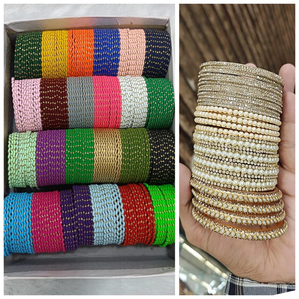 Hira Collections Designer Assorted Color Metal Pearl Bangle Set for Women