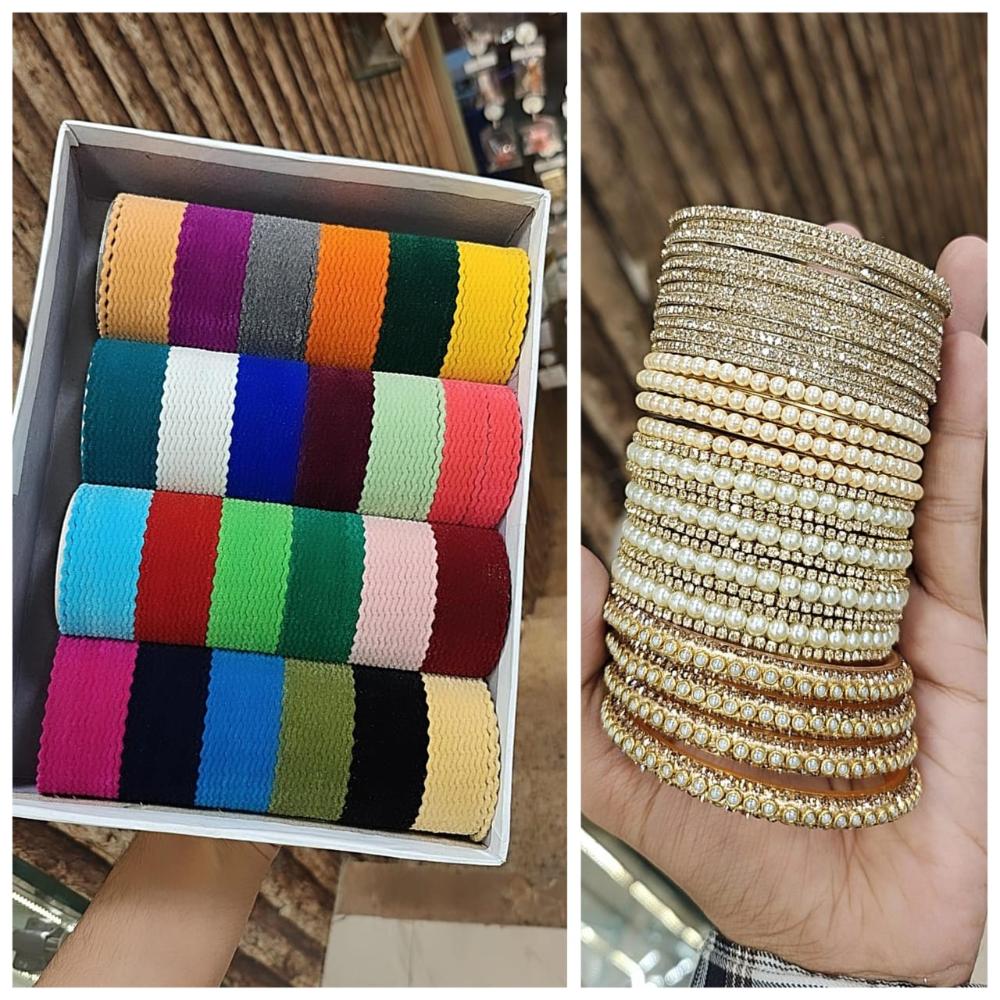 Hira Collections Designer Assorted Color Metal Pearl Bangle Set for Women