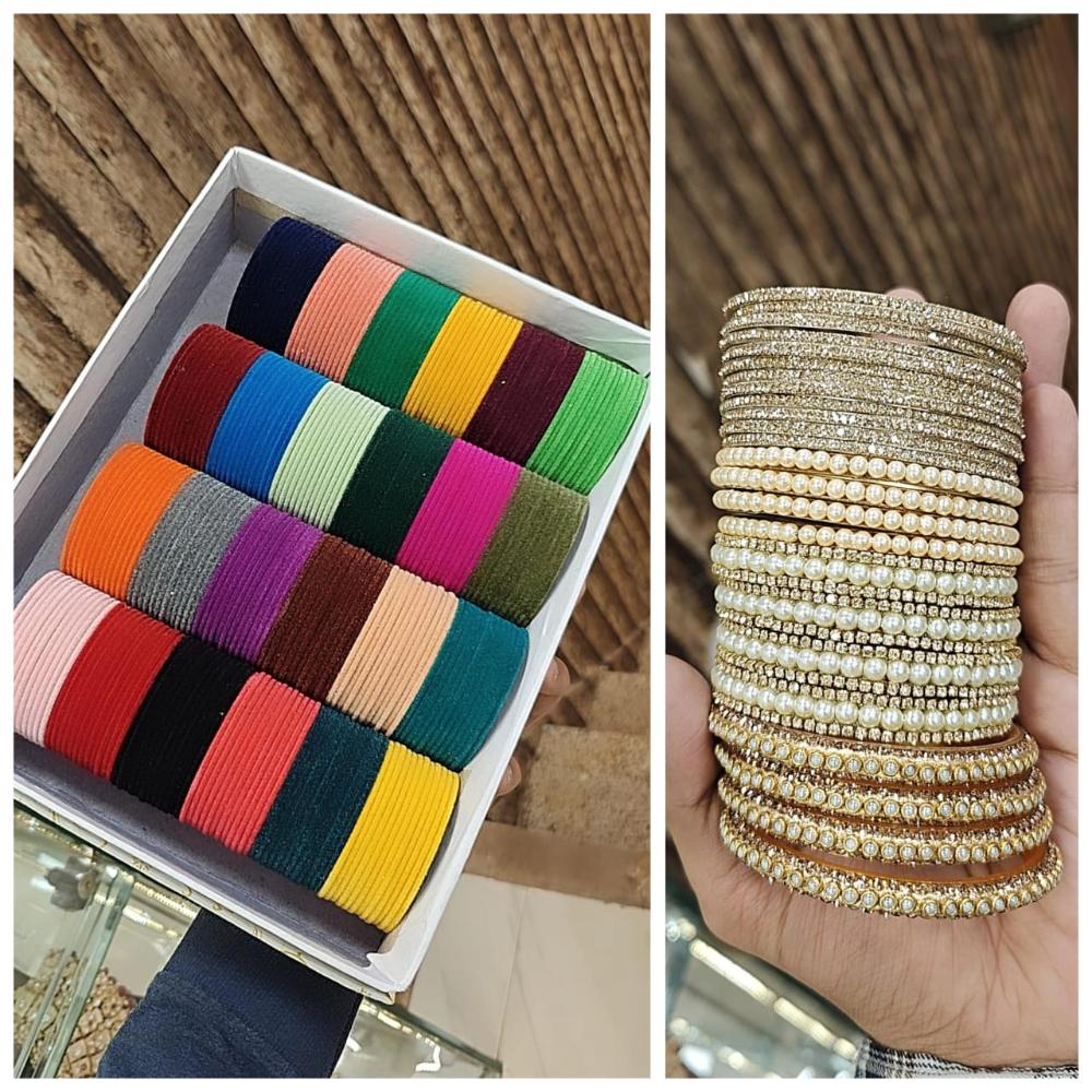 Hira Collections Designer Assorted Color Velvet Pearl Bangle Set for Women
