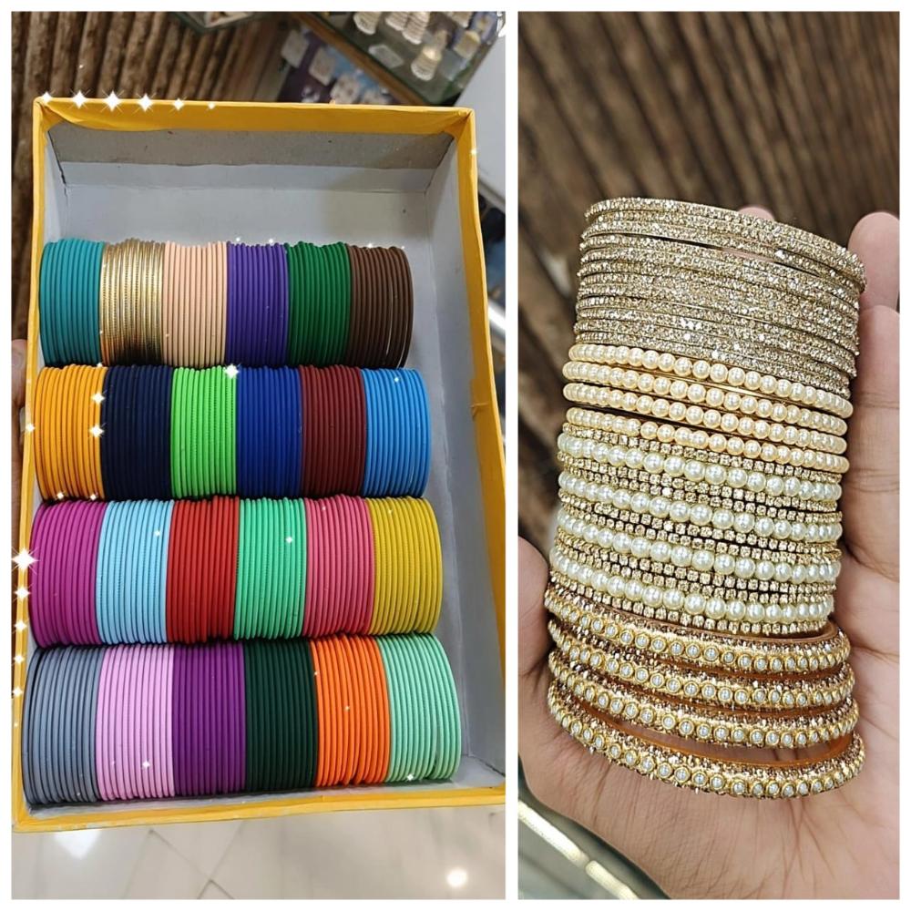 Hira Collections Designer Assorted Color Metal Pearl Bangle Set for Women