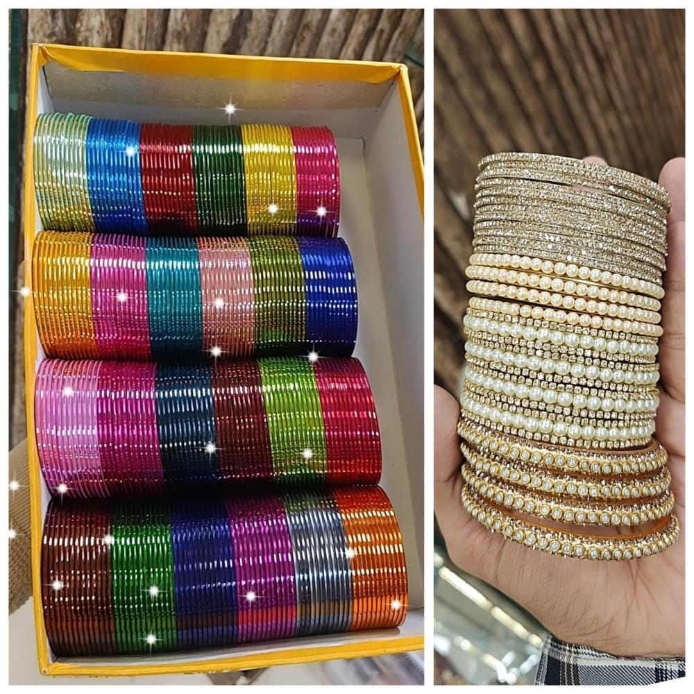 Hira Collections Designer Assorted Color Metal Pearl Bangle Set for Women