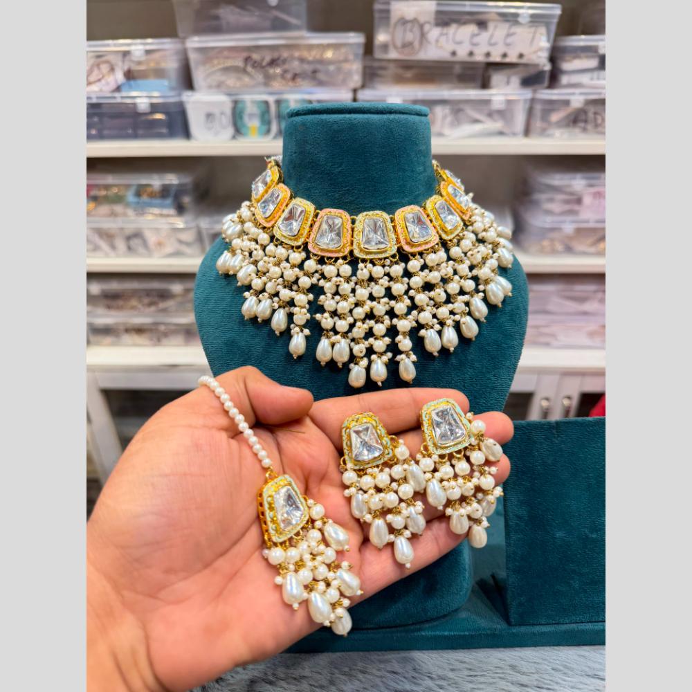 Hira Collections Luxury Kundan Stone Pearl And Beads Meenakari Choker Necklace Set