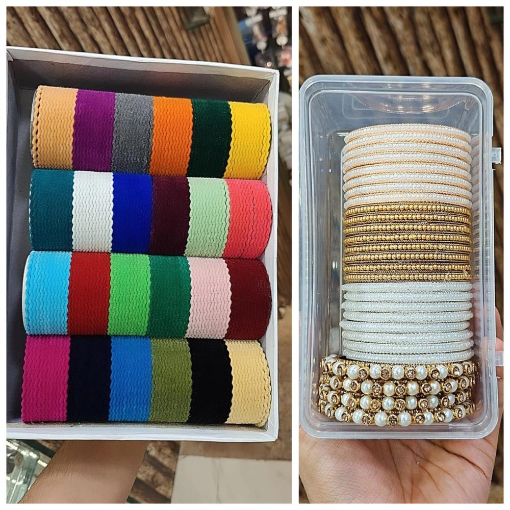 Hira Collections Designer Assorted Color Velvet Pearl Bangle Set for Women