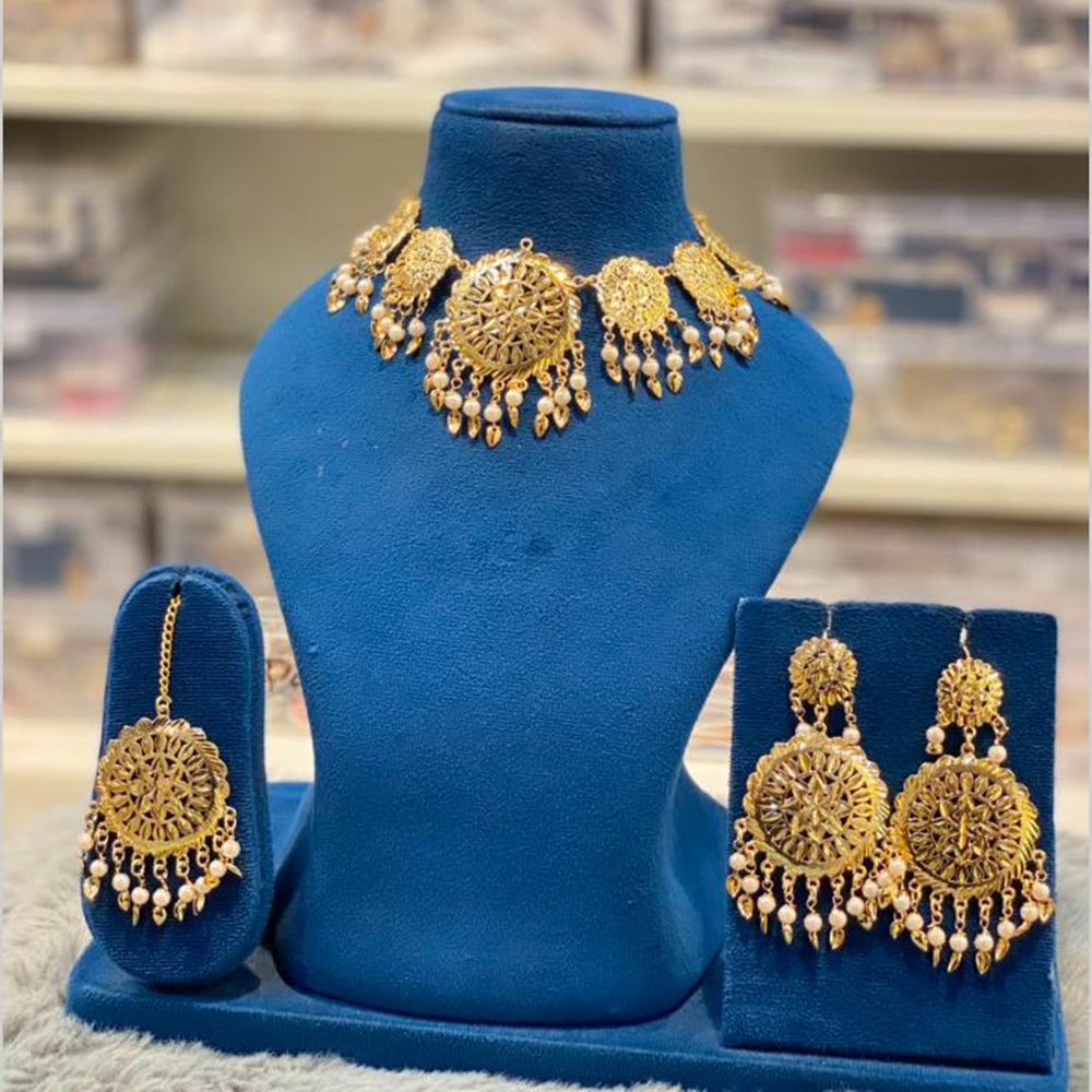 Hira Collections Traditional Gold Finish Pearl Choker Necklace Jewellery Set  