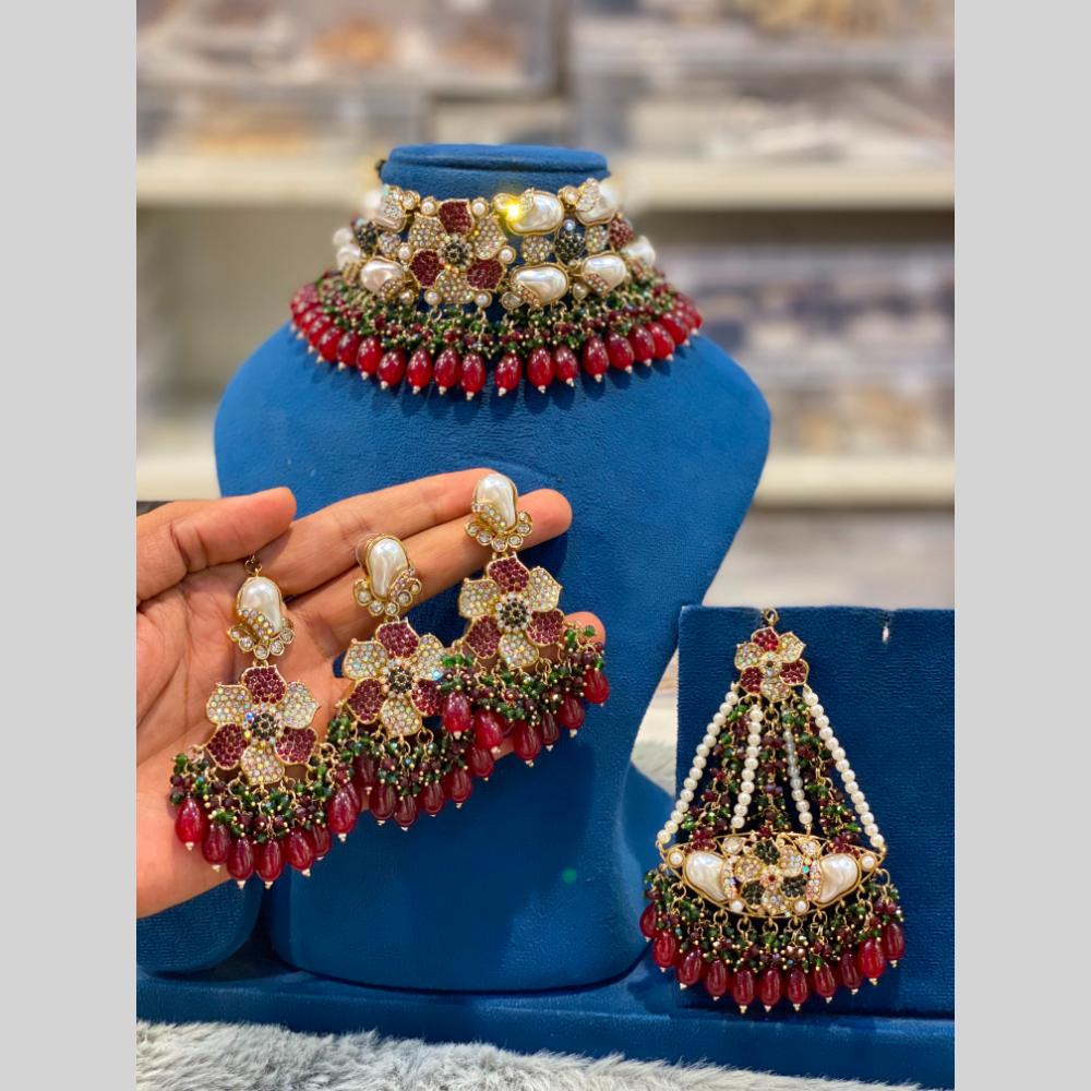 Hira Collections Gorgeous Floral Austrian Stone And Beads Choker Necklace Set