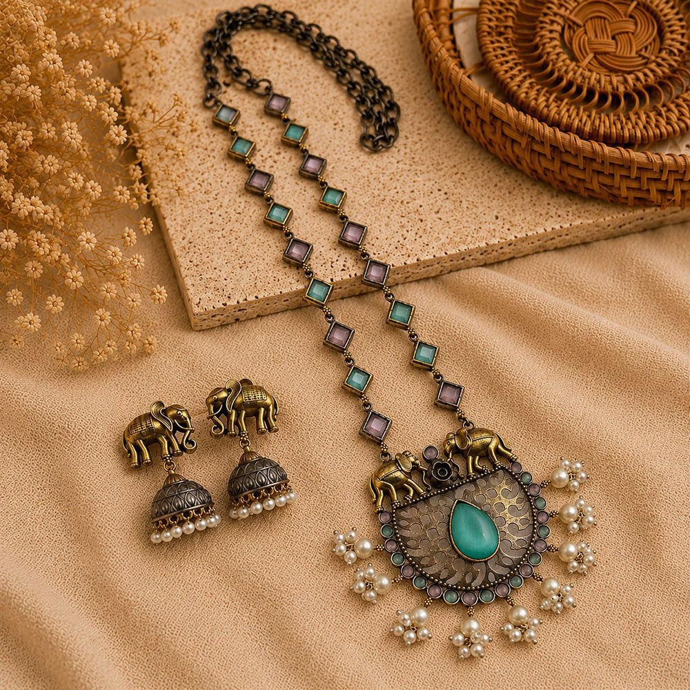 Hira Collections 2 Tone Gorgeous Pota Stone And Pearl Necklace Set