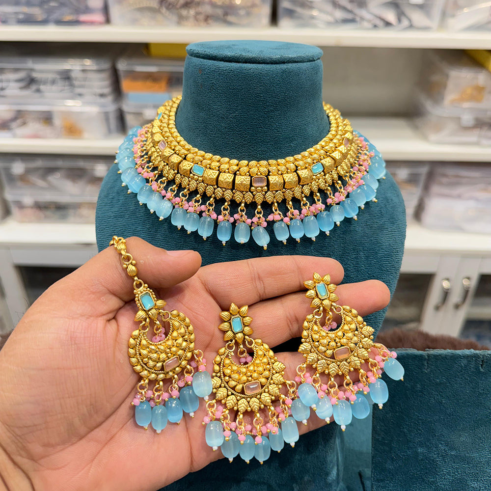 Hira Collections Royal Pota Stone And Pearl Stylish Choker Neckalce Set