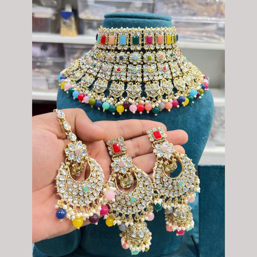 Hira Collections Fancy Crystal Stone And Pearl Ethnic Choker Necklace Set