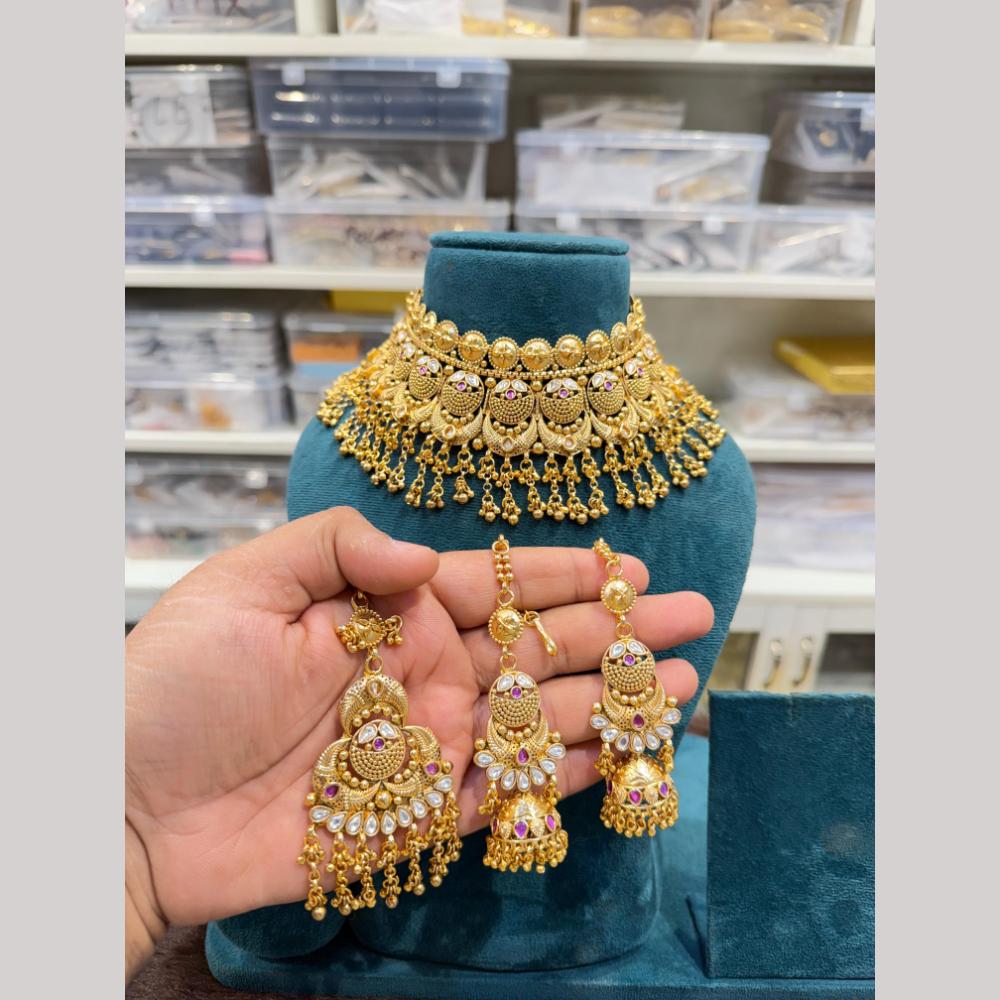 Hira Collections Copper Gold
 Designer Pota Stone And Pearl Choker Necklace Set