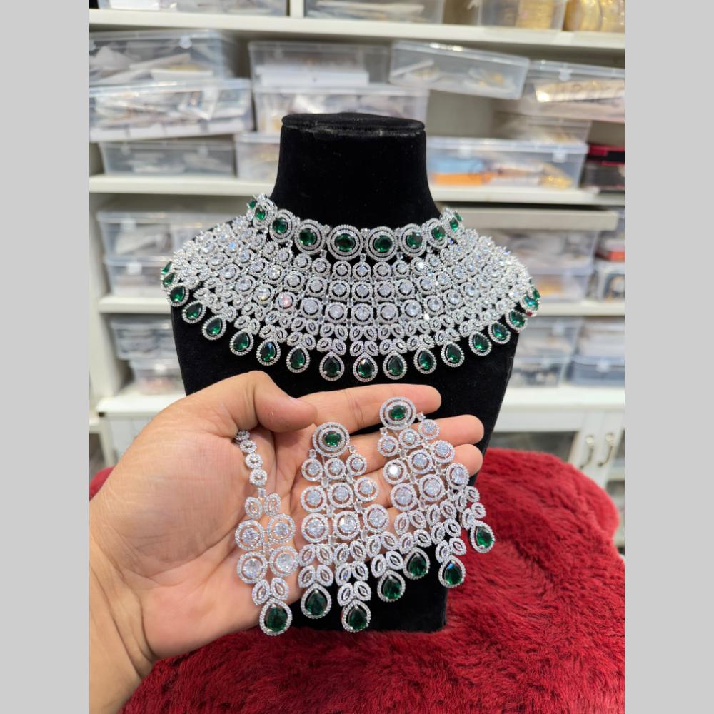 Hira Collections Exquisite American Diamond Heavy Bridal Choker Necklace With Dangler Earrings