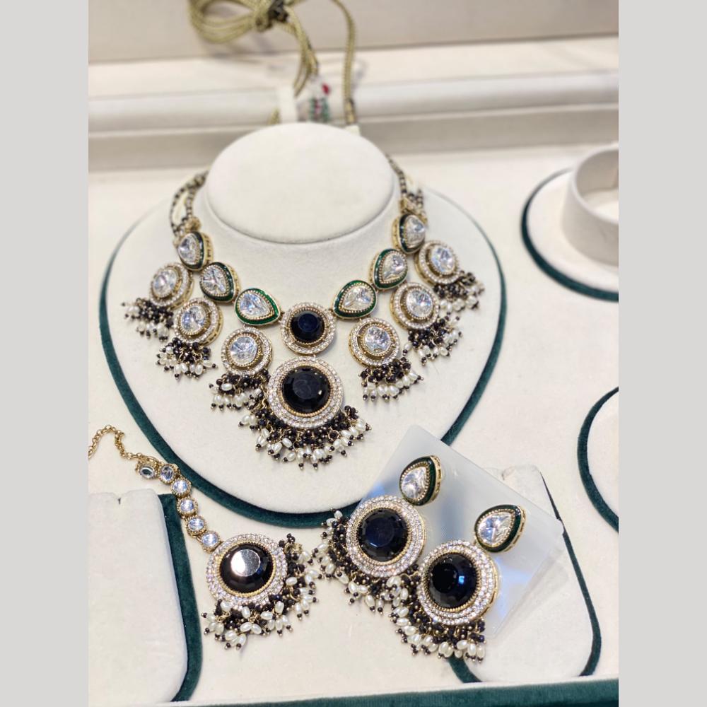 Hira Collections Luxury Crystal Stone And Pearl Choker Necklace Set 