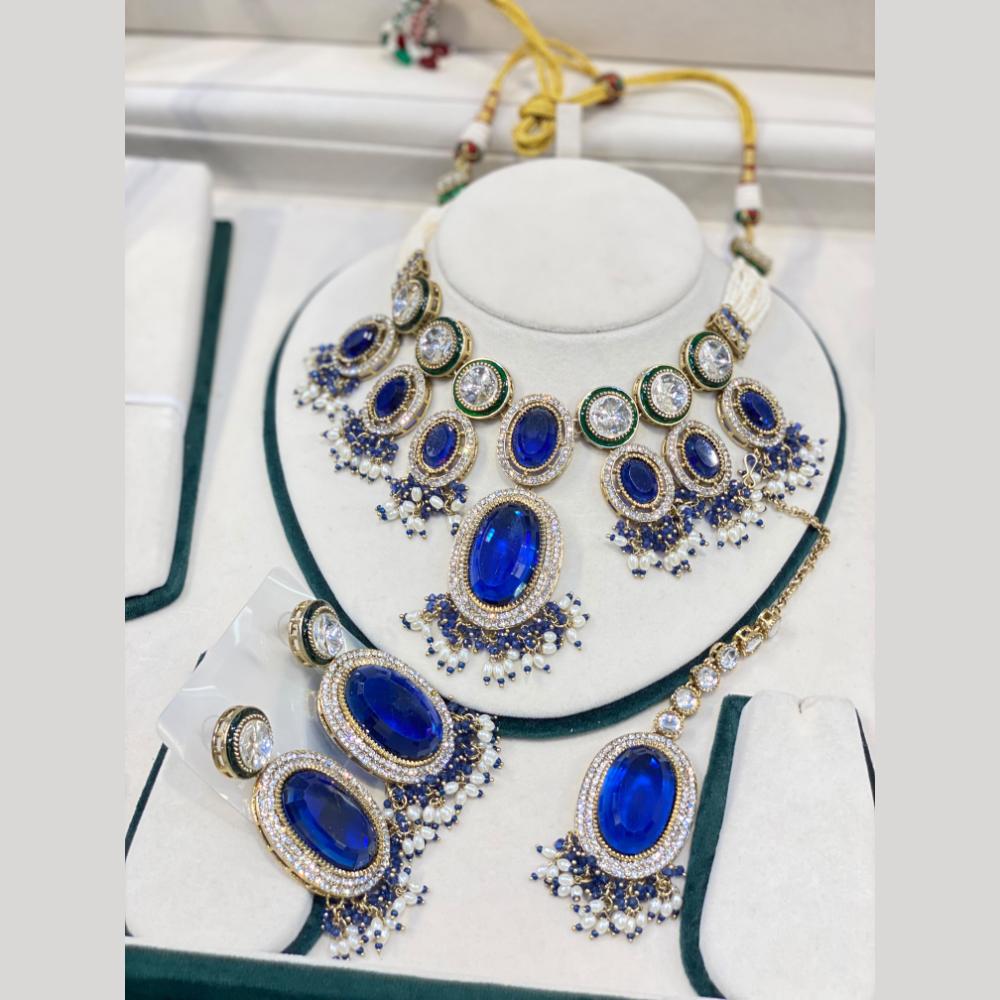 Hira Collections Luxury Crystal Stone And Pearl Choker Necklace Set 