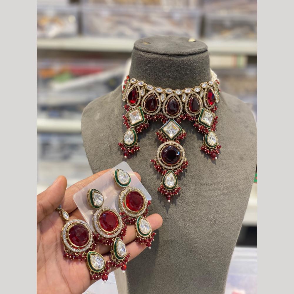 Hira Collections Luxury Crystal Stone And Pearl Choker Necklace Set
