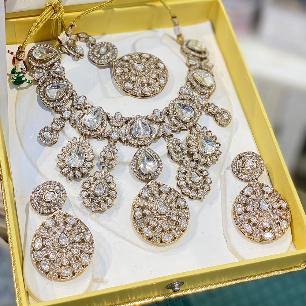 Hira Collections Luxury Polki Kundan Stone Necklace Set 