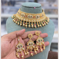 Hira Collections Decent Pota Stone And Pearl Choker Necklace Set