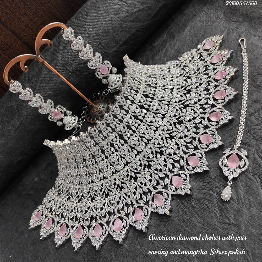 Heera Jewellers AD Stone Silver Plated Choker Necklace Set