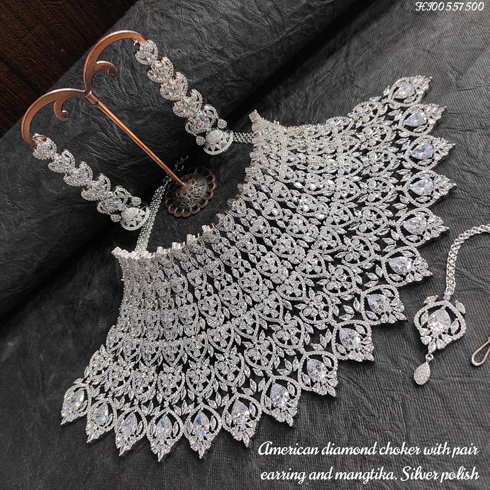 Heera Jewellers AD Stone Silver Plated Choker Necklace Set