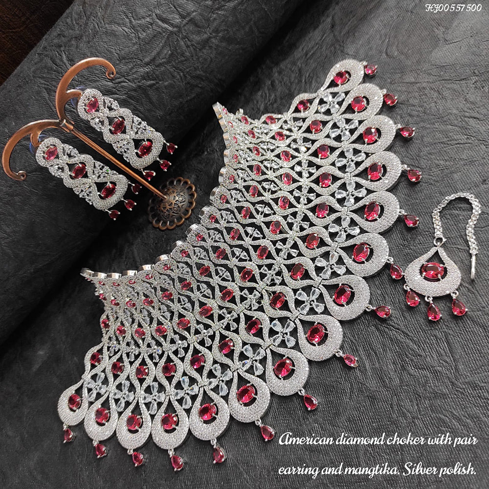 Heera Jewellers AD Stone Silver Plated Choker Necklace Set
