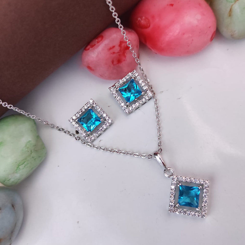 Heera Jewellers Silver Plated Crystal Stone Square Shape Chain Pendant Set
