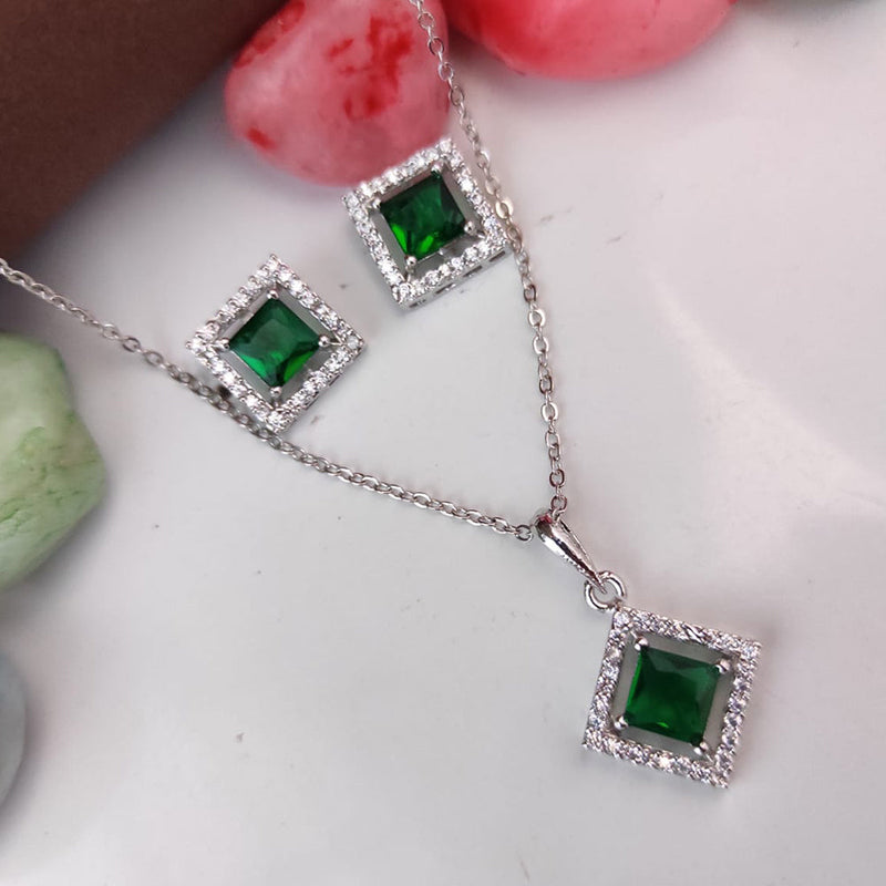 Heera Jewellers Silver Plated Crystal Stone Square Shape Chain Pendant Set