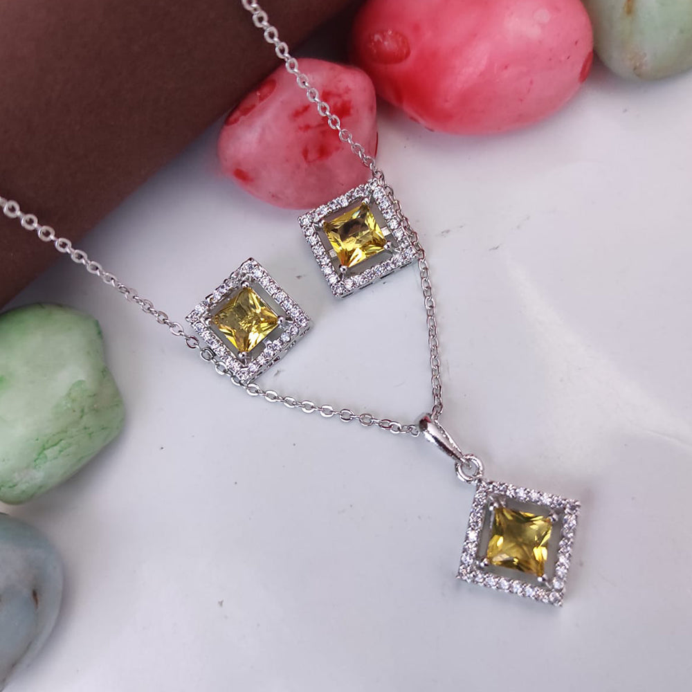 Heera Jewellers Silver Plated Crystal Stone Square Shape Chain Pendant Set