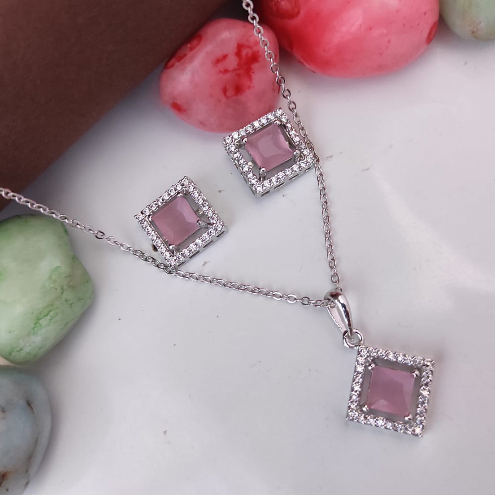 Heera Jewellers Silver Plated Crystal Stone Square Shape Chain Pendant Set