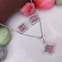 Heera Jewellers Silver Plated Crystal Stone Square Shape Chain Pendant Set