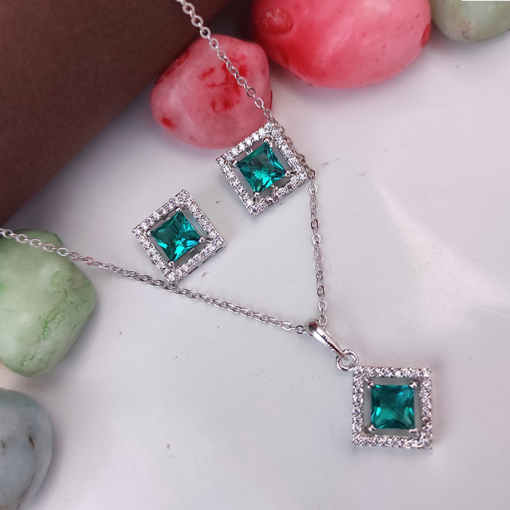 Heera Jewellers Silver Plated Crystal Stone Square Shape Chain Pendant Set