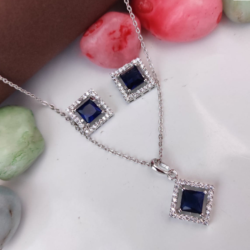 Heera Jewellers Silver Plated Crystal Stone Square Shape Chain Pendant Set