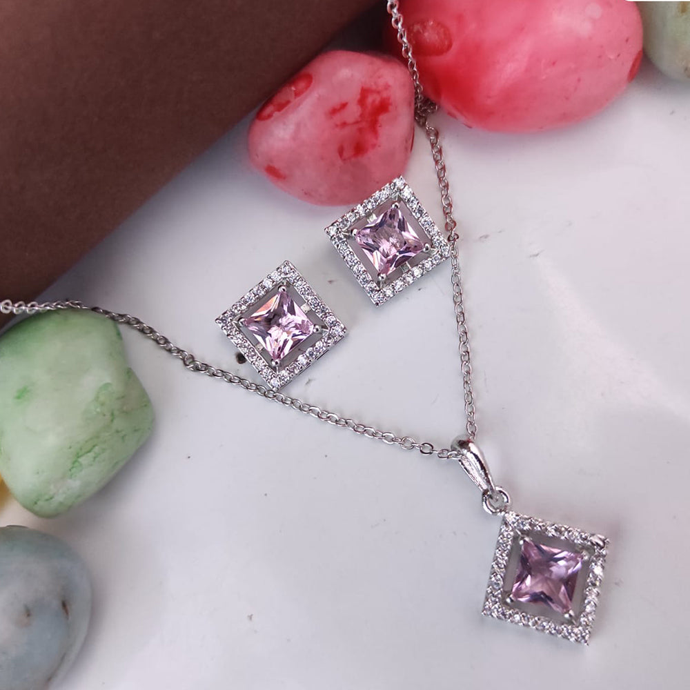 Heera Jewellers Silver Plated Crystal Stone Square Shape Chain Pendant Set
