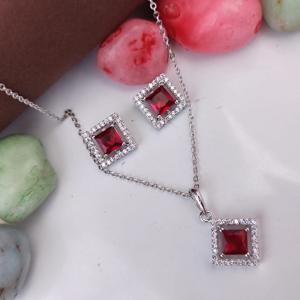 Heera Jewellers Silver Plated Crystal Stone Square Shape Chain Pendant Set