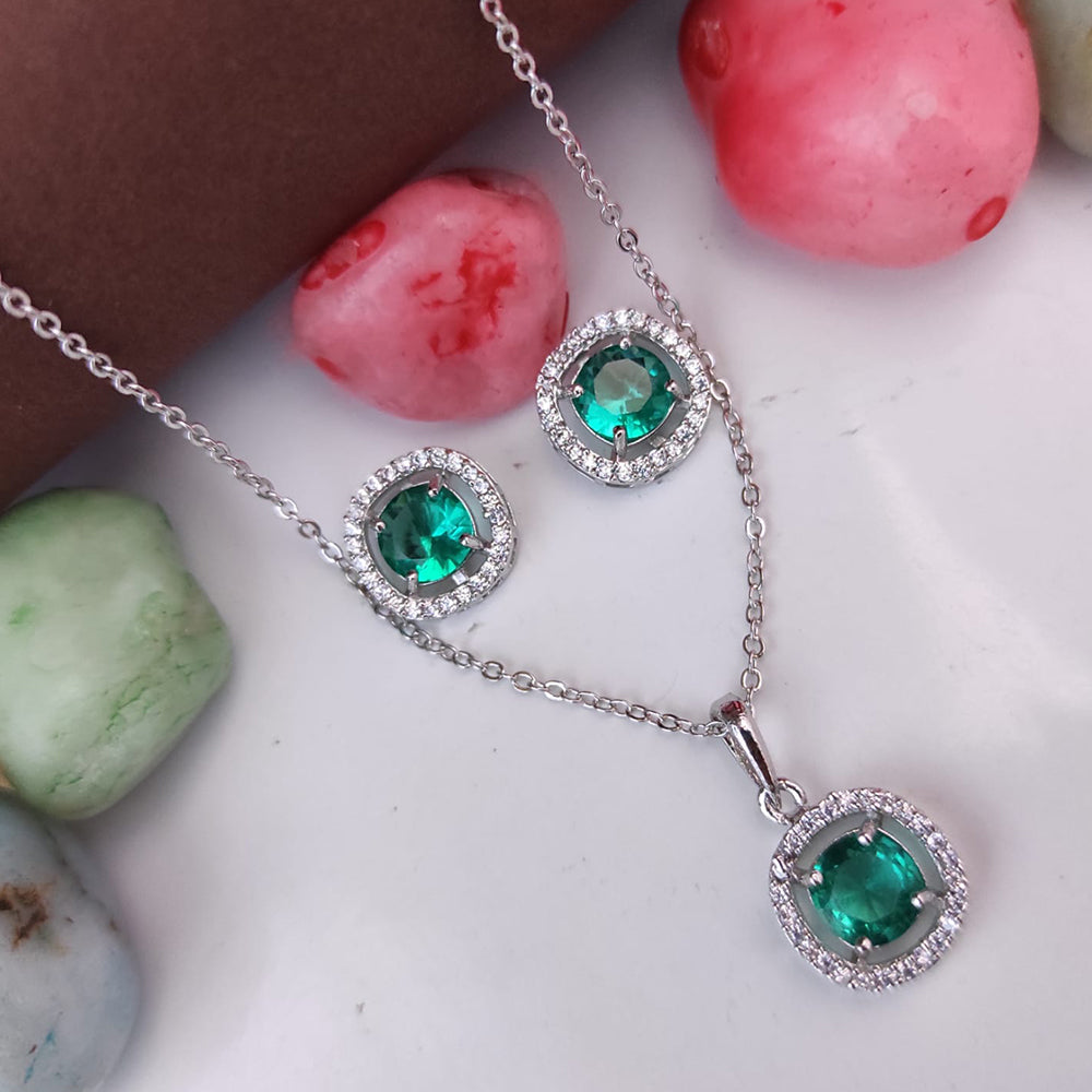 Heera Jewellers Silver Plated Crystal Stone Round Shape Chain Pendant Set