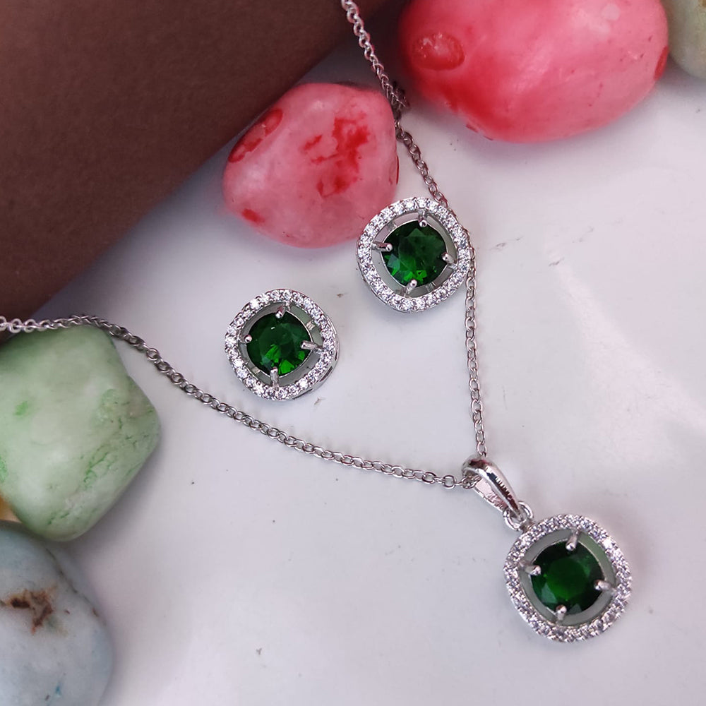 Heera Jewellers Silver Plated Crystal Stone Round Shape Chain Pendant Set