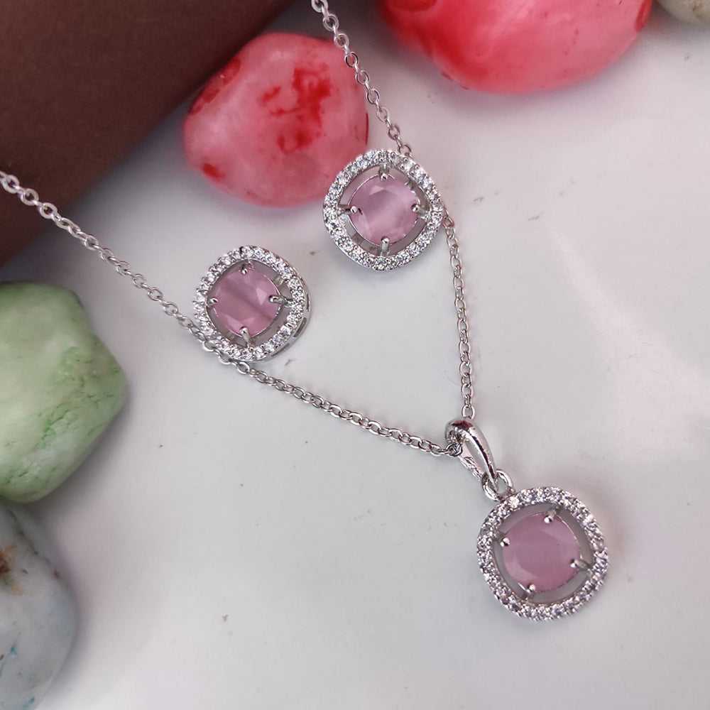 Heera Jewellers Silver Plated Crystal Stone Round Shape Chain Pendant Set