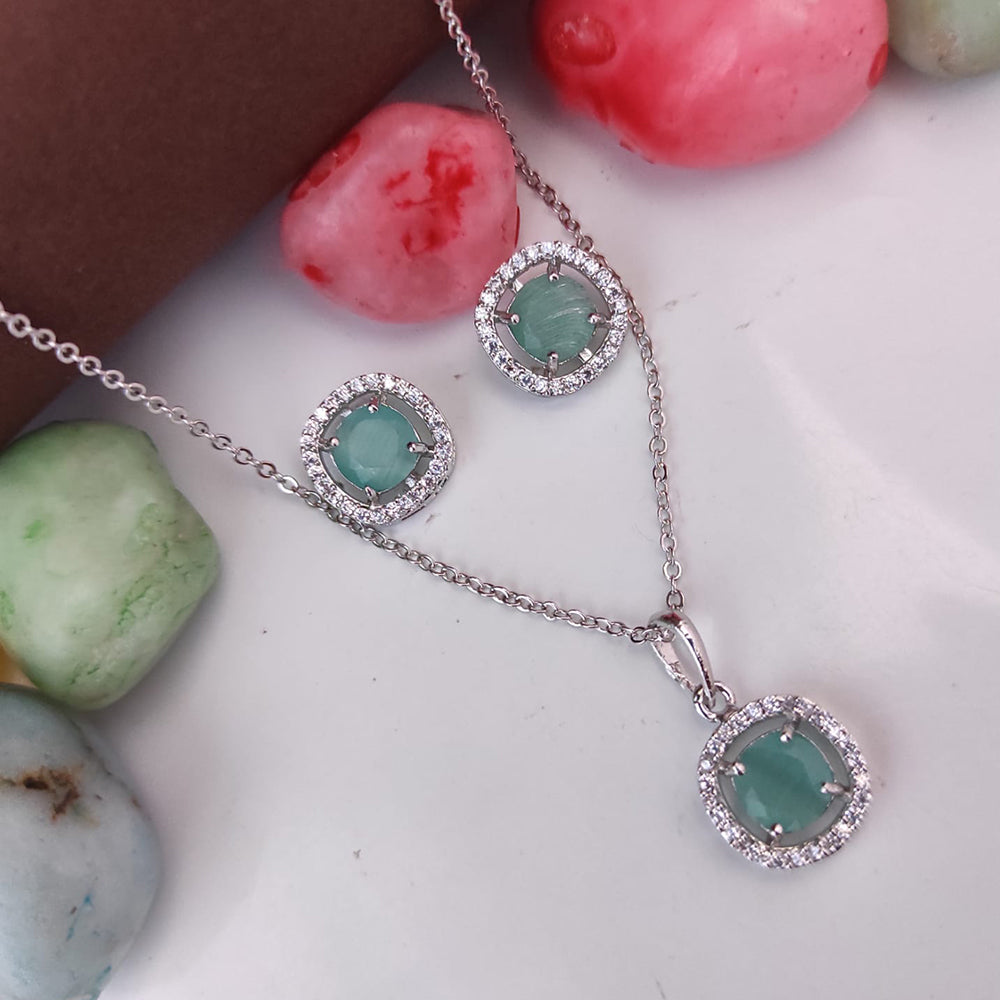 Heera Jewellers Silver Plated Crystal Stone Round Shape Chain Pendant Set