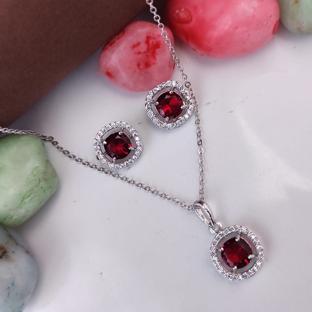 Heera Jewellers Silver Plated Crystal Stone Round Shape Chain Pendant Set