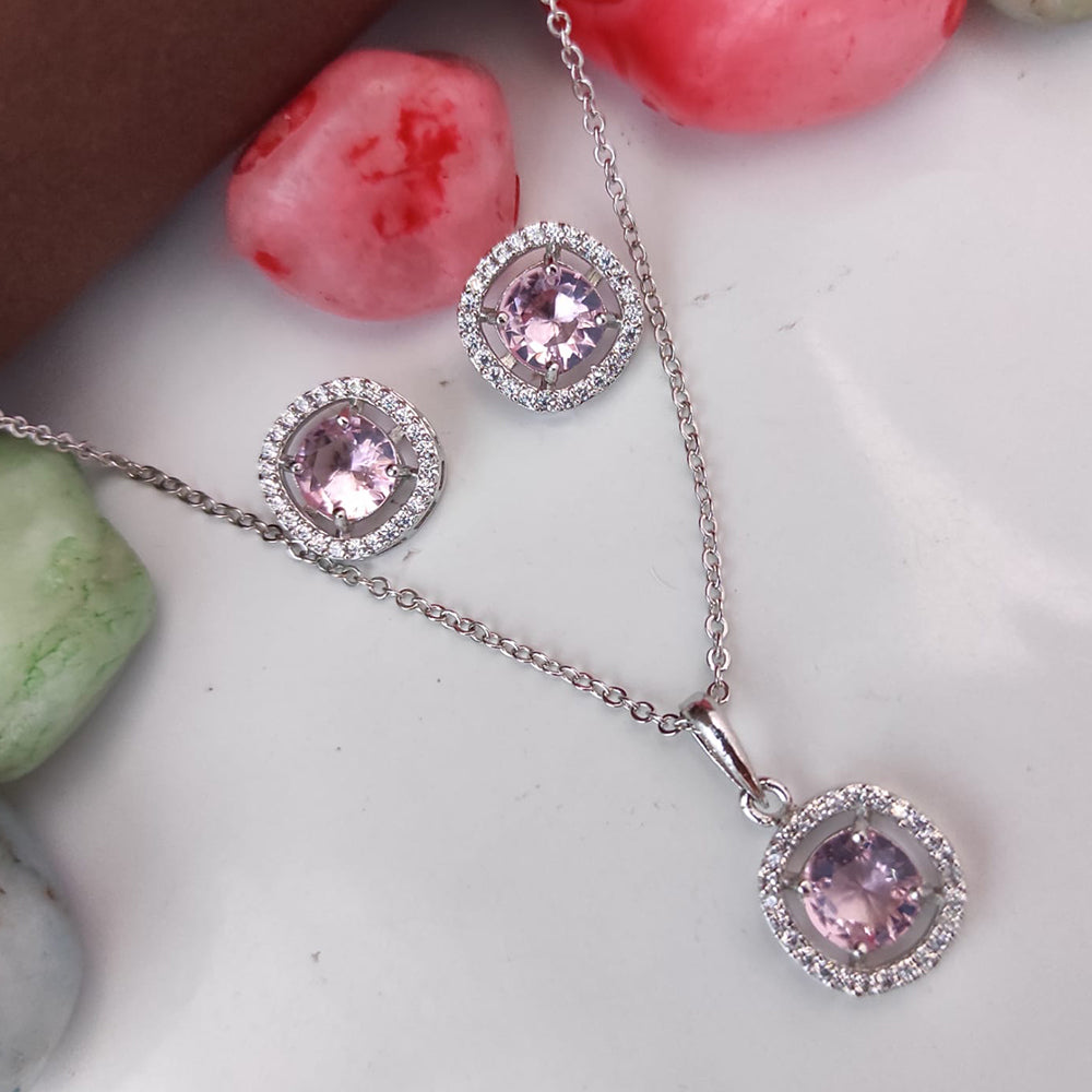 Heera Jewellers Silver Plated Crystal Stone Round Shape Chain Pendant Set