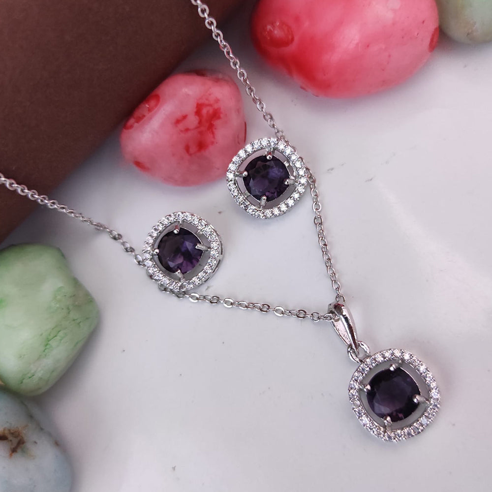 Heera Jewellers Silver Plated Crystal Stone Round Shape Chain Pendant Set