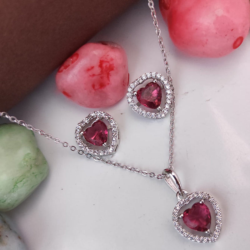 Heera Jewellers Silver Plated Crystal Stone Heart  Shape Chain Pendant Set