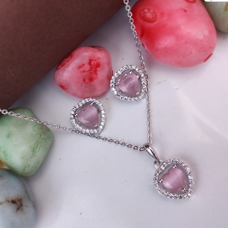 Heera Jewellers Silver Plated Crystal Stone Heart  Shape Chain Pendant Set