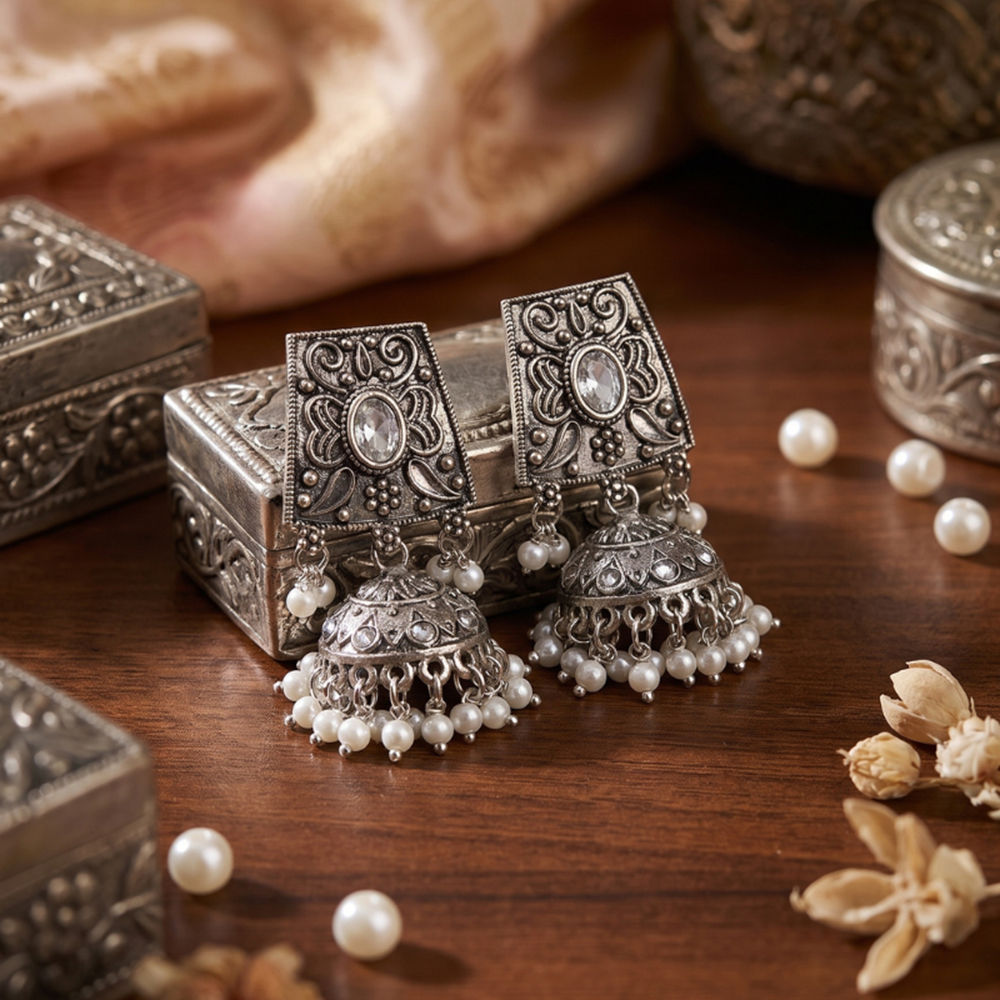 Wearhouse Fashion Oxidised Plated Pota Stone And Pearl Jhumki Earrings