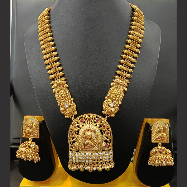 Jain Jewellers Gold Plated Kundan Stone And Meenakari Temple Long Necklace Set