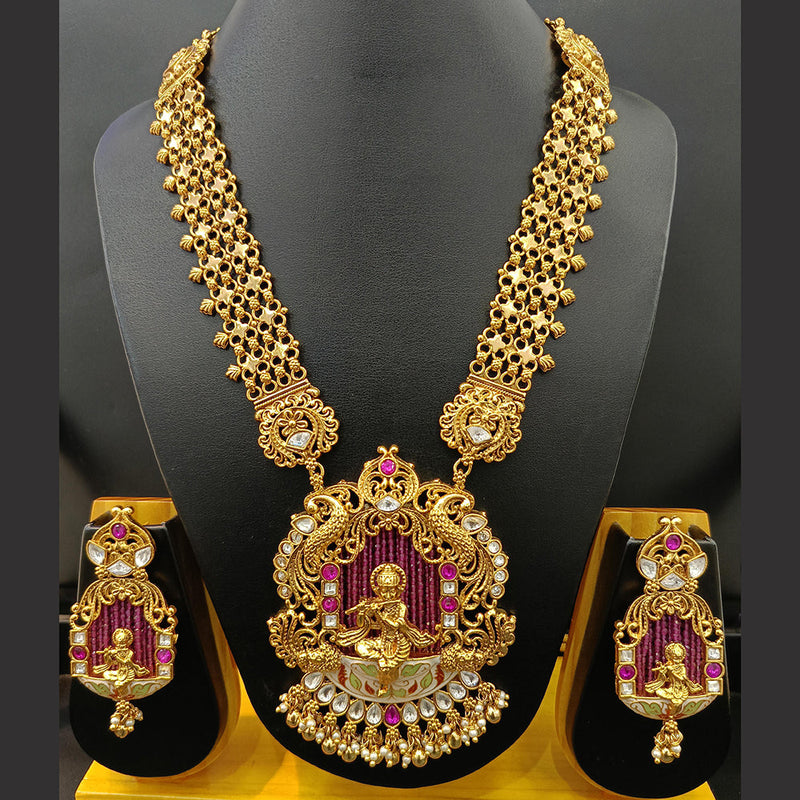 Jain Jewellers Gold Plated Kundan Stone And Meenakari Temple Long Necklace Set