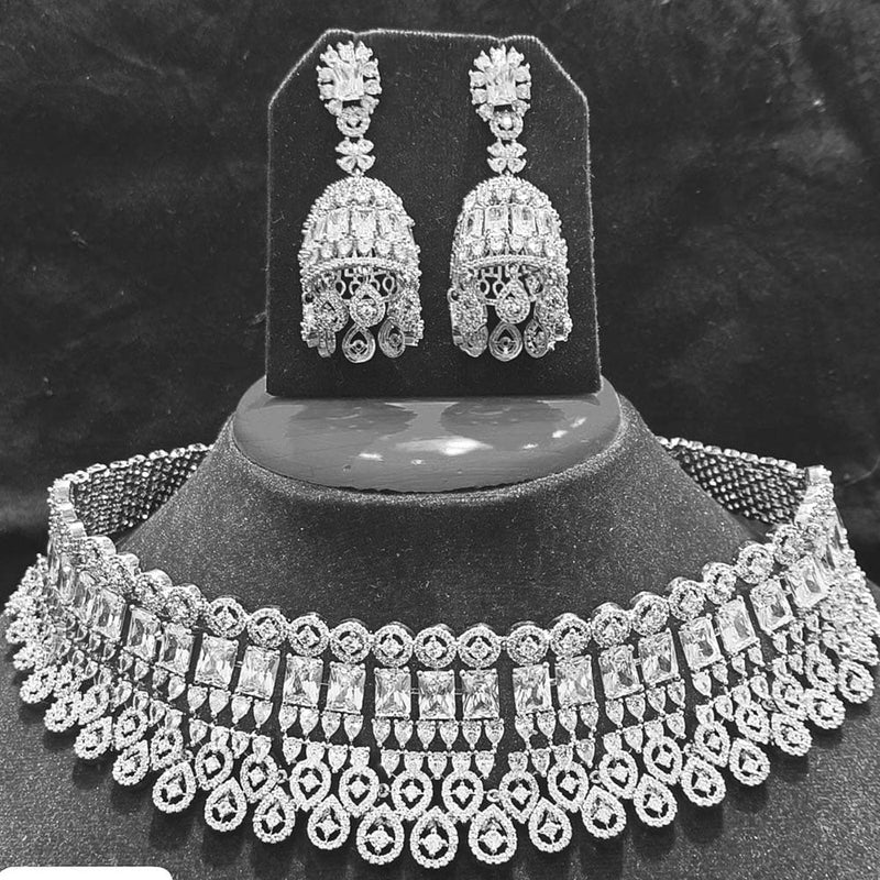 Jain Jewellers Silver Plated AD Choker Necklace Set