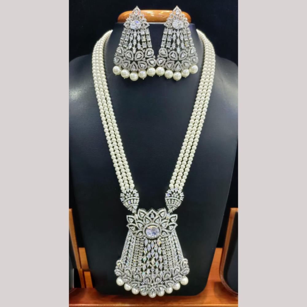 Jain Jewellers Silver Plated American Diamond Long Necklace Set