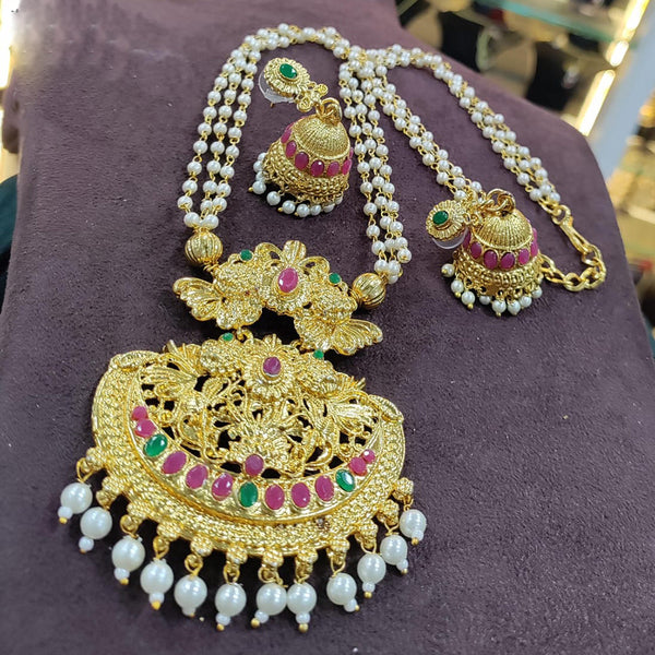 Kavita Art Gold Plated Pota Stone And Pearl Long Necklace Set