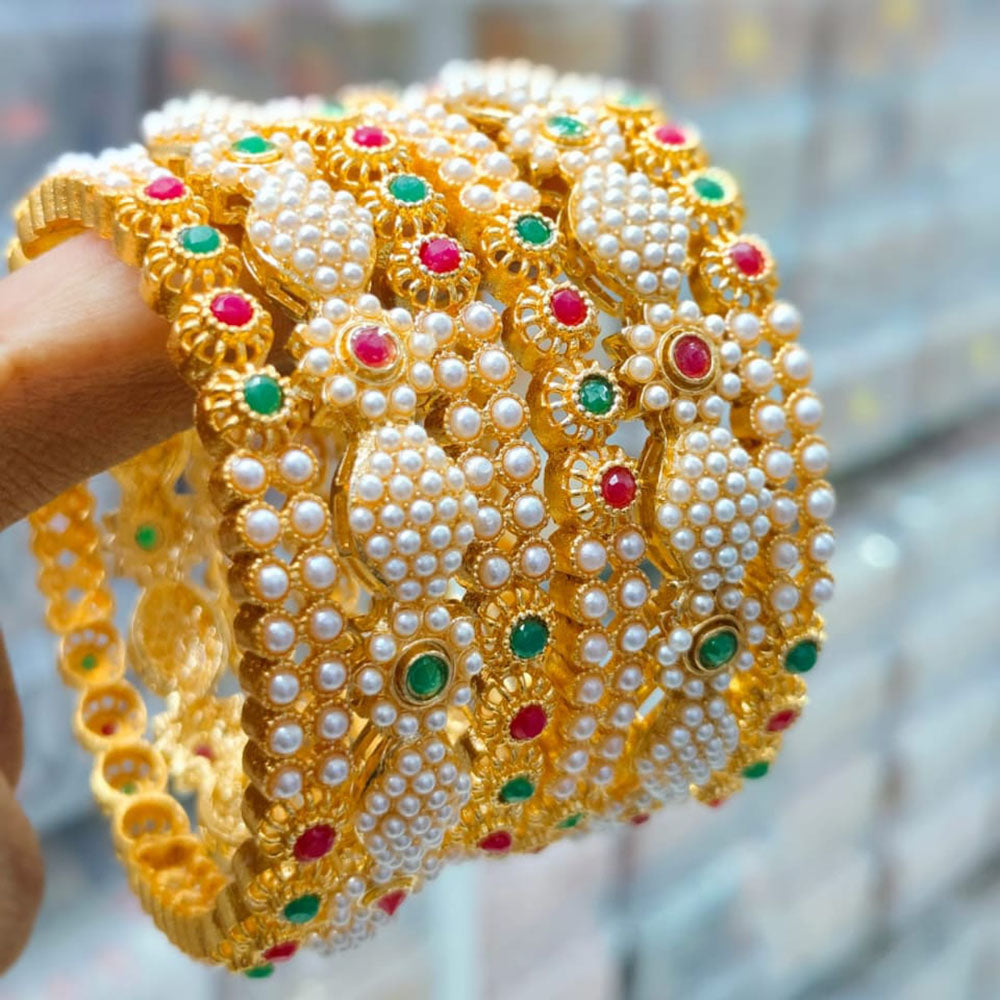 Kavita Art Gold Plated Pota Stone And Pearls Bangles Set