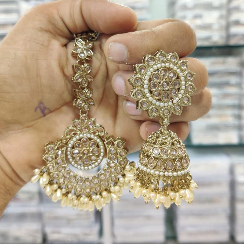 Kavita Art Gold Plated Crystal Stone And Pearl Earrings With Mangtikka