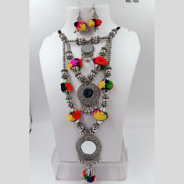 Kavita Art Oxidised Plated Mirror And Pom Pom Long Necklace Set