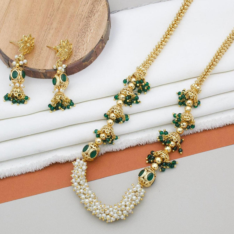 Kavita Art Gold Plated Pota Stone And Pearls Long Necklace Set